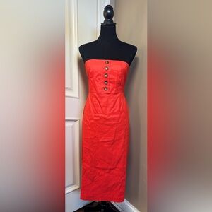 Ann Taylor The Petite Buttoned Strapless Dress Linen Blend Fiery Red Sz 2P NWT